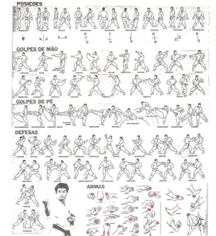 Pôster com posições, golpes de mão, golpes de pé, defesas e armas do karatê, de Takashi Shimo